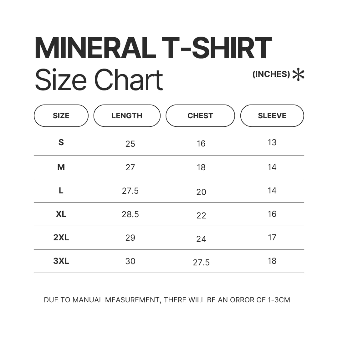 Mineral Wash T shirt Size Chart - Dorohedoro Store